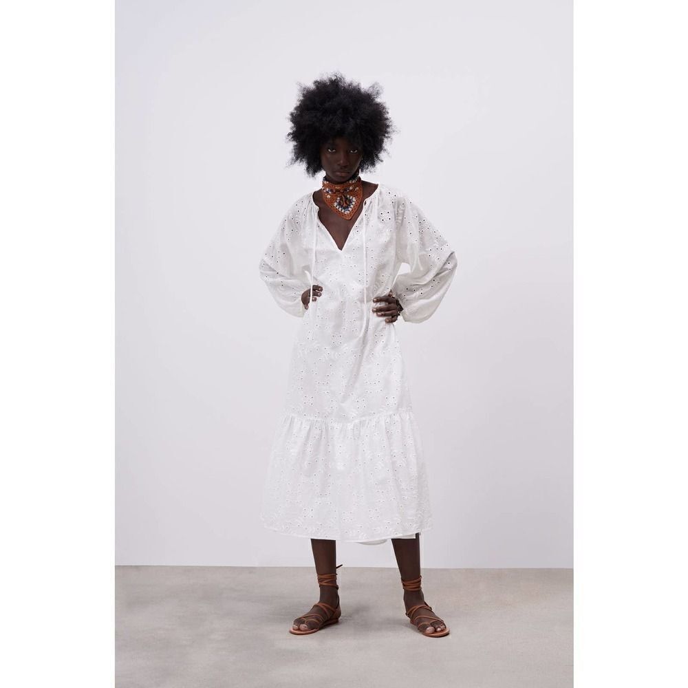 ZARA Openwork Cutwork Embroidered Boho Lightweight Dress New White - Picture 7 of 9